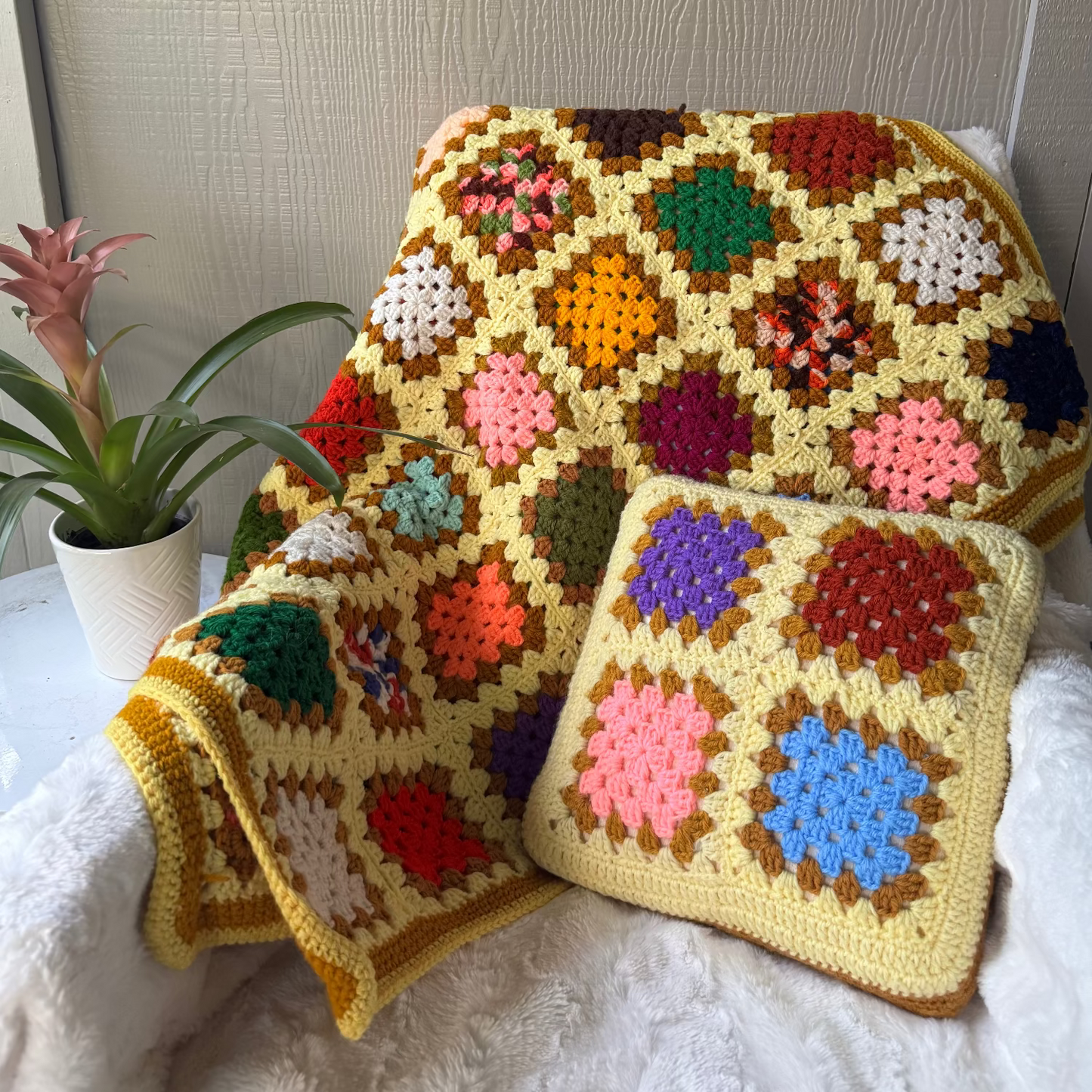 Granny Square Afghan + Pillow Set